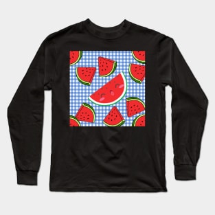 Watermelon on Blue Checks Summer Fruit Fun Graphic Art Gift Long Sleeve T-Shirt